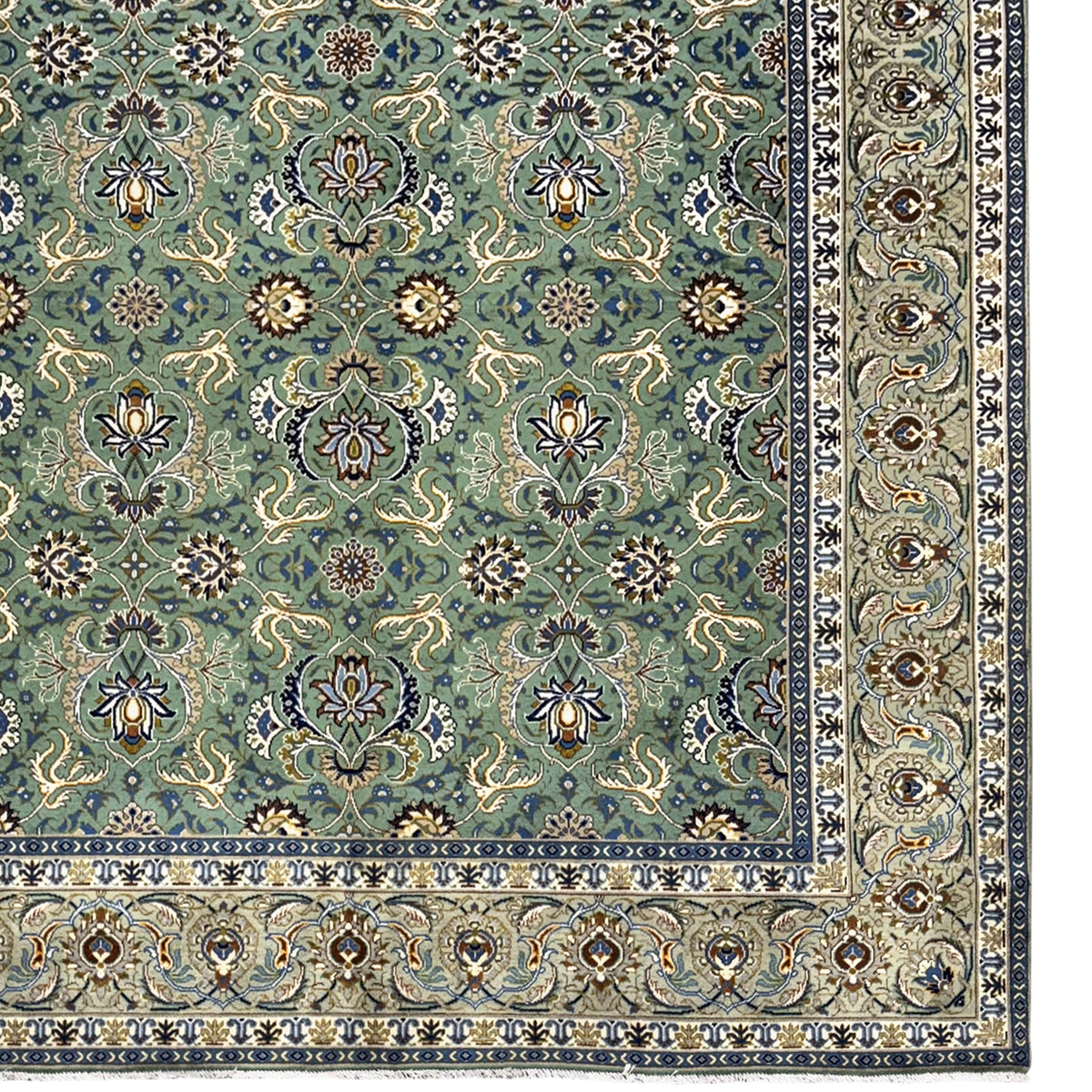 Fine Handmade Persian Kashan Rug – All-Over Floral Design – Green 233cm x 325cm