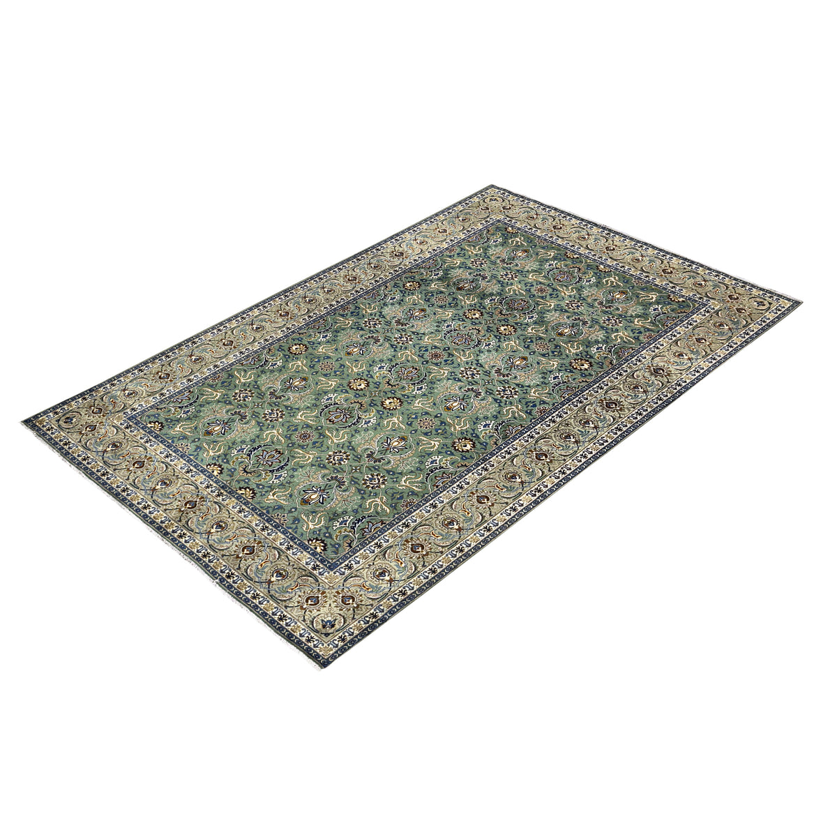 Fine Handmade Persian Kashan Rug – All-Over Floral Design – Green 233cm x 325cm