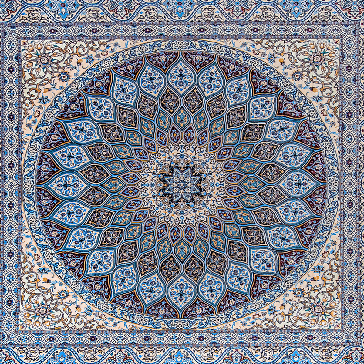 Fine Hand Woven Nain Persian Rug 6LA | 255cm x 255cm | Square Silk-Blend Floral Rug