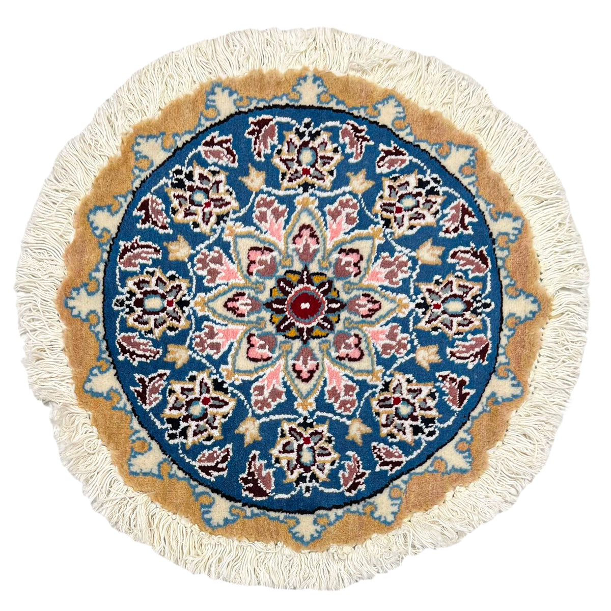 Hand-Knotted Wool Small Nain Persian Round Rug 44cm x 44cm