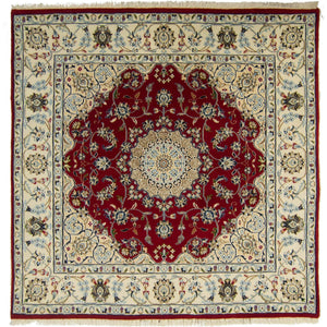 Fine Hand-knotted Wool and Silk Nain Red Square Rug 125cm x 128cm