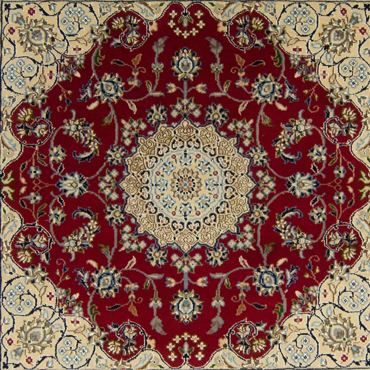 Fine Hand-knotted Wool and Silk Nain Red Square Rug 125cm x 128cm