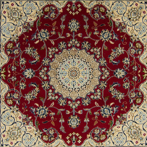 Fine Hand-knotted Wool and Silk Nain Red Square Rug 125cm x 128cm