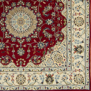 Fine Hand-knotted Wool and Silk Nain Red Square Rug 125cm x 128cm