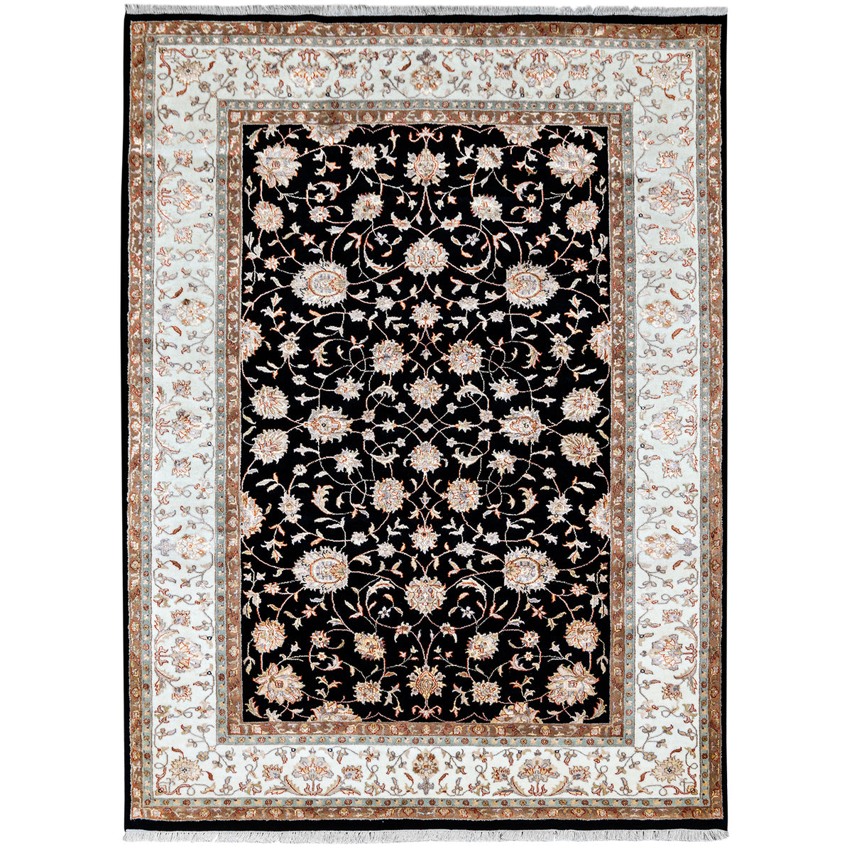 Fine Hand-knotted Wool &amp; Silk Black Allover Traditional Rug 187cm x 272cm