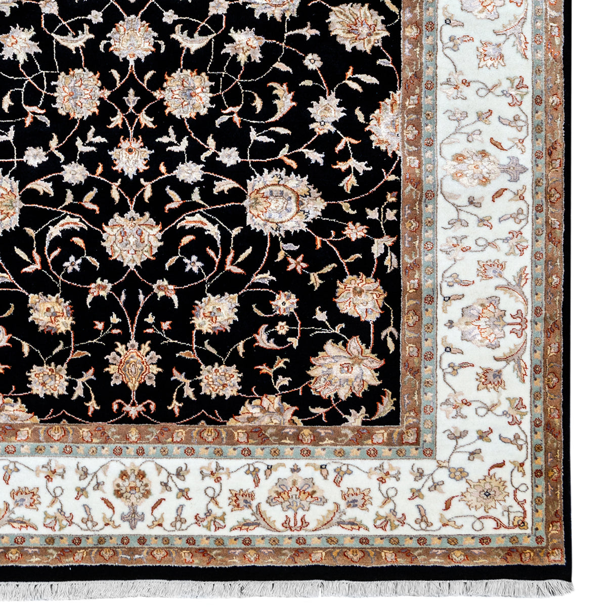 Fine Hand-knotted Wool &amp; Silk Black Allover Traditional Rug 187cm x 272cm