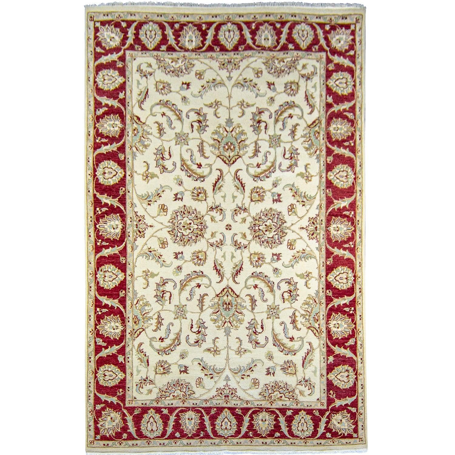 Fine Hand-knotted Wool Traditional Cream & Red Rug 180cm x 284cm