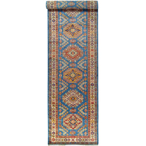 Fine Hand-knotted Traditional Wool Super Kazak Blue Runner 82cm x 298cm