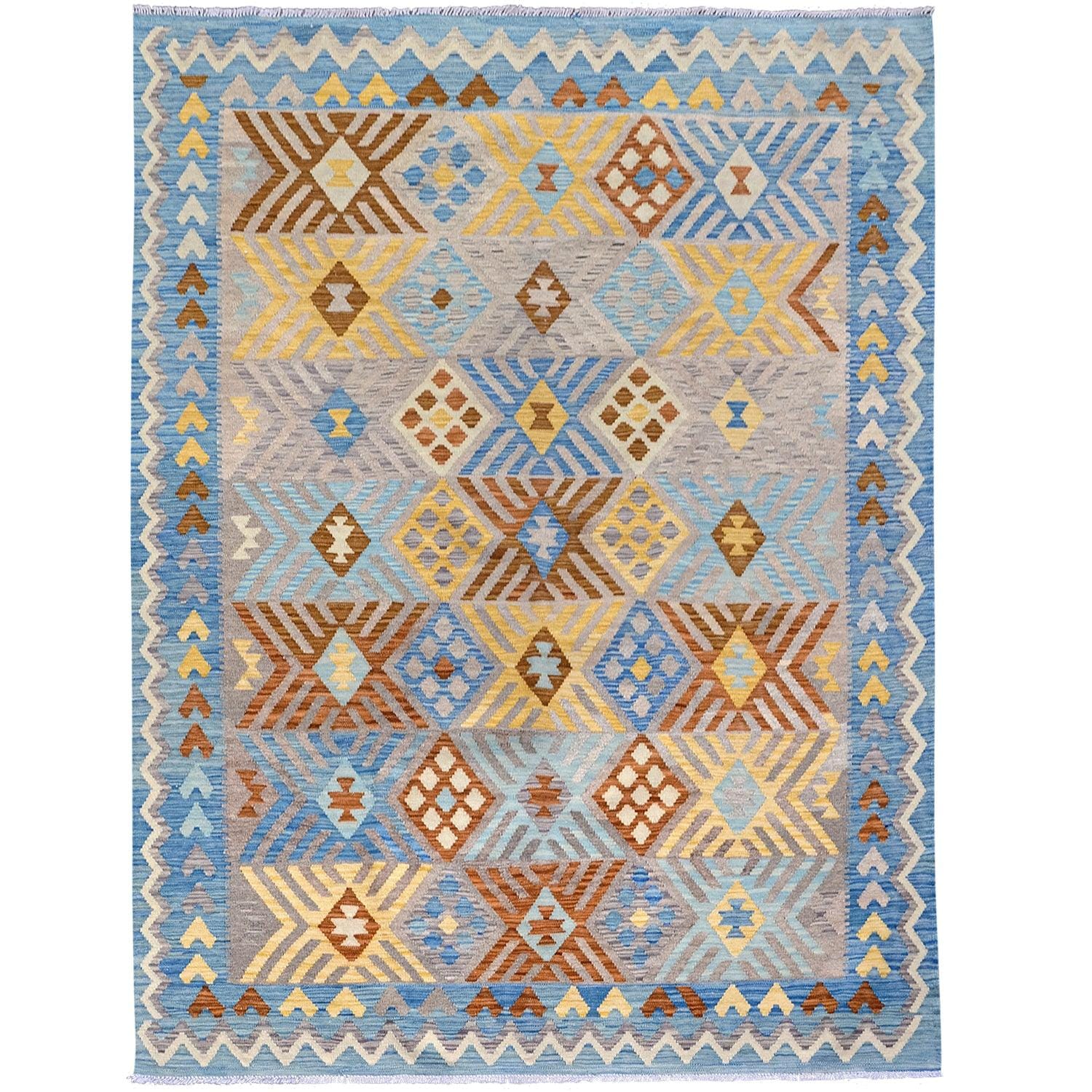 Hand-woven 100% Wool Blue Kilim Rug 201cm x 296cm