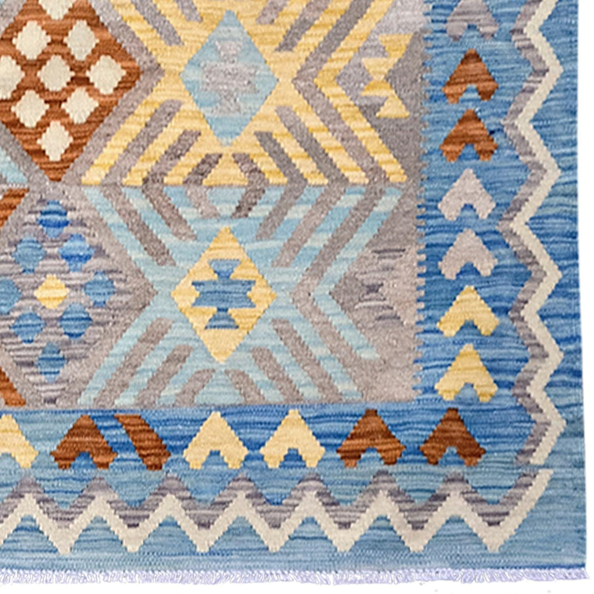 Hand-woven 100% Wool Blue Kilim Rug 201cm x 296cm